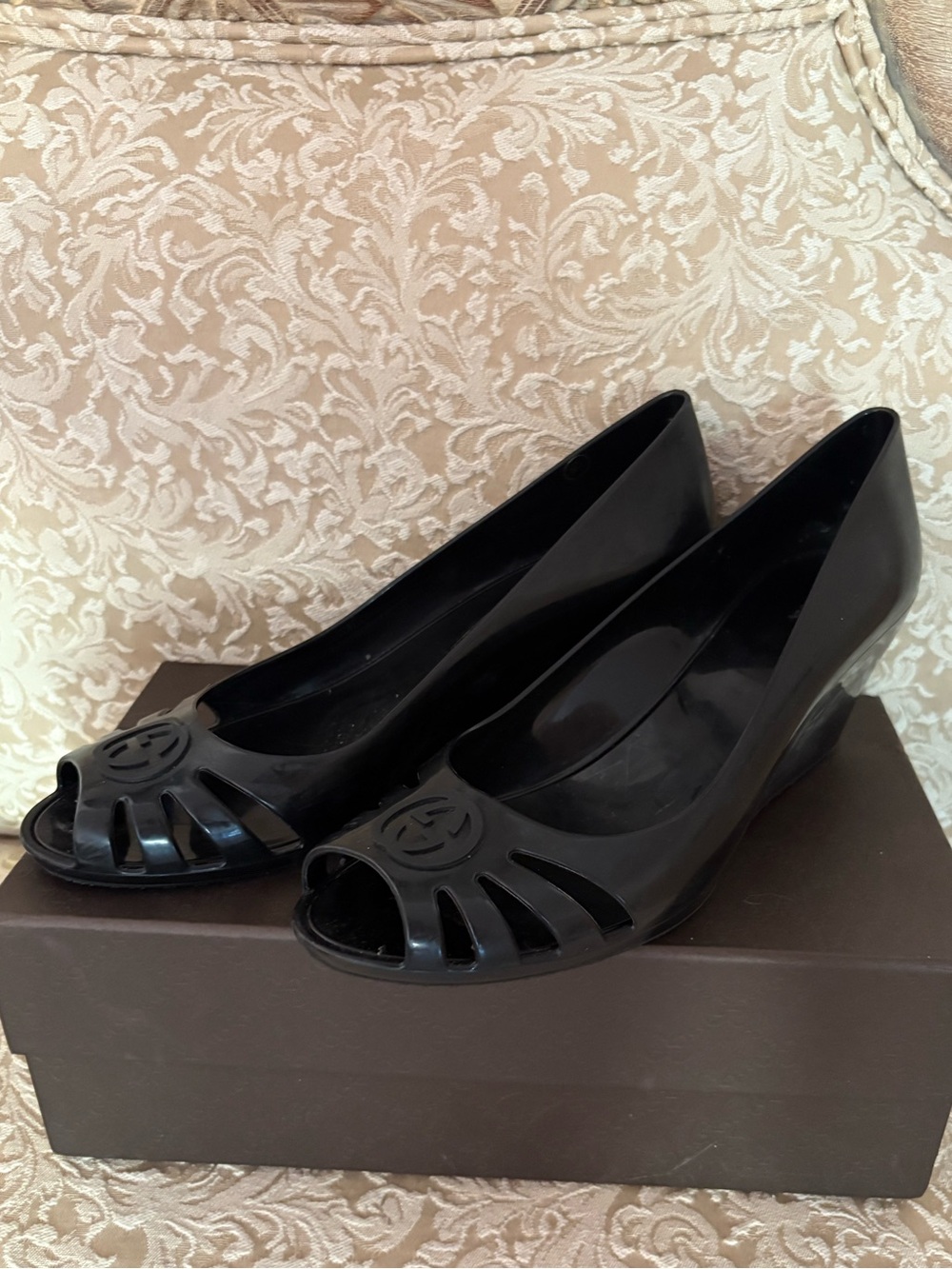 Gucci Black Peep-Toe Wedge Heels /w Original Box Size 40